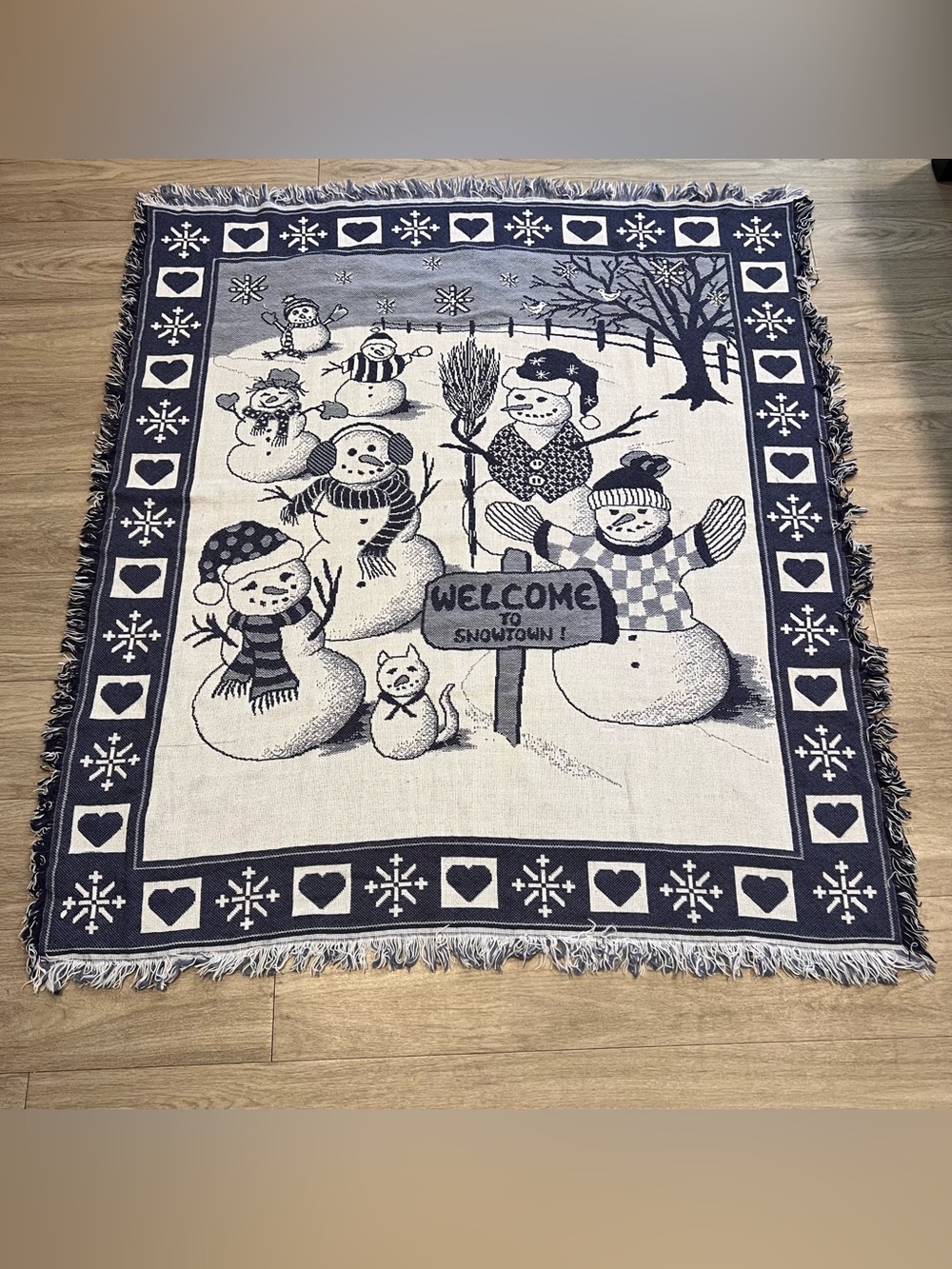 Vintage Welcome to Snowtown Snowman Woven Christmas Throw Blanket Winter Cabin